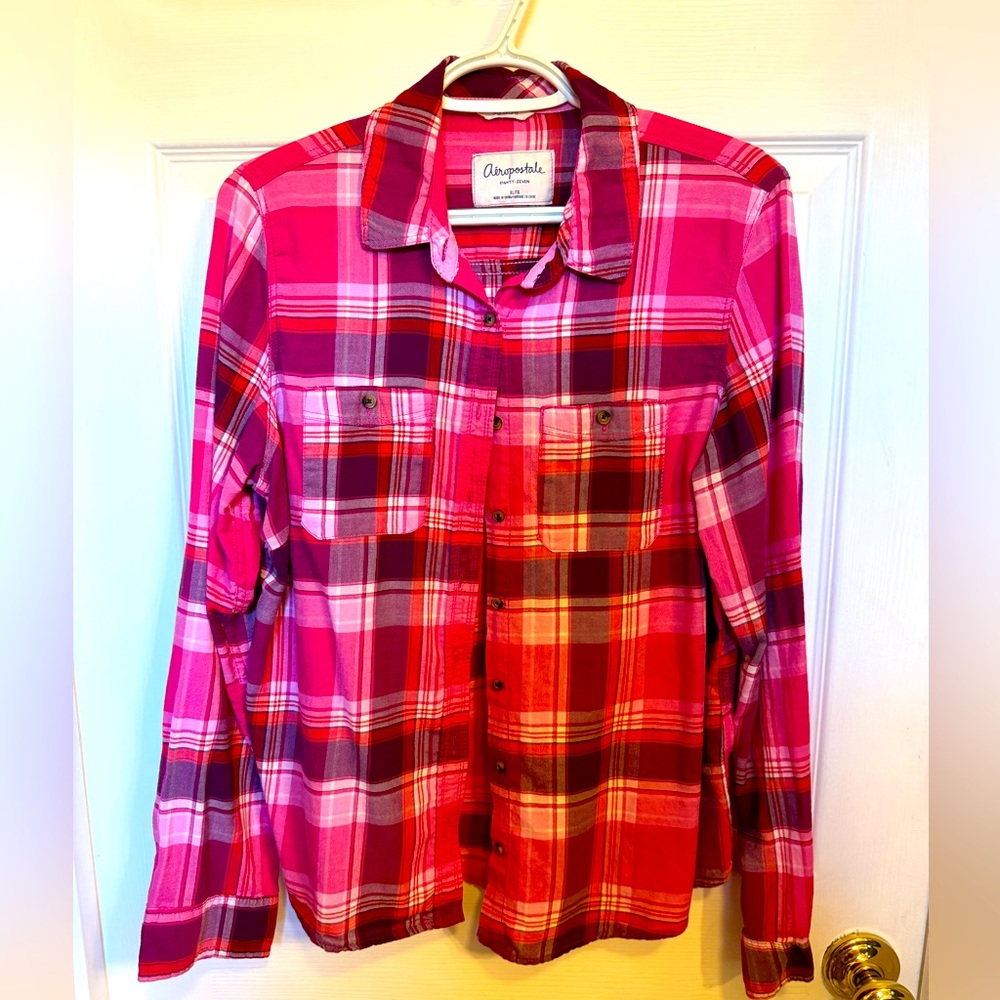 Aeropostale Pink and Red Plaid Shirt